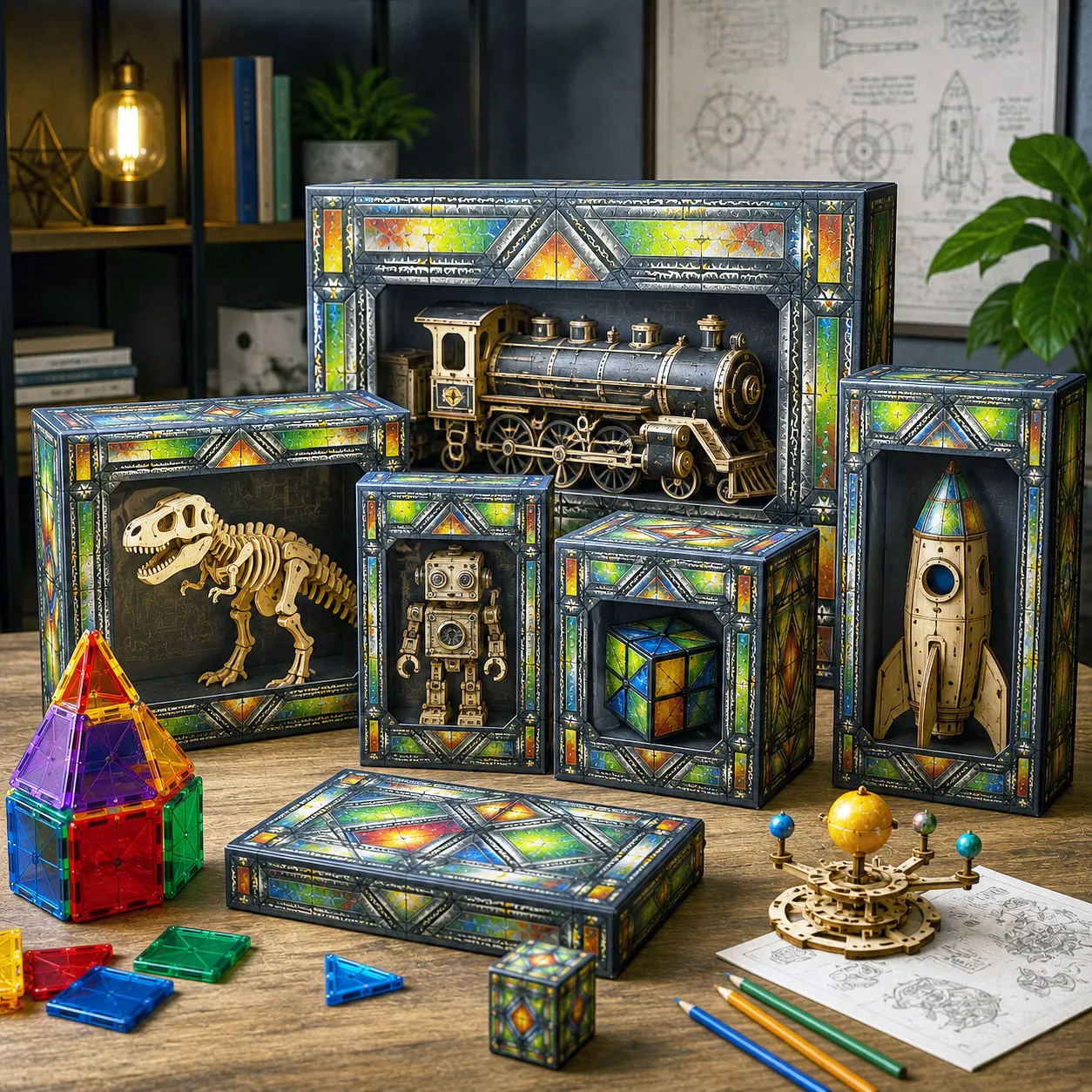 STEM and toy packaging featuring the Stained Glass design system.