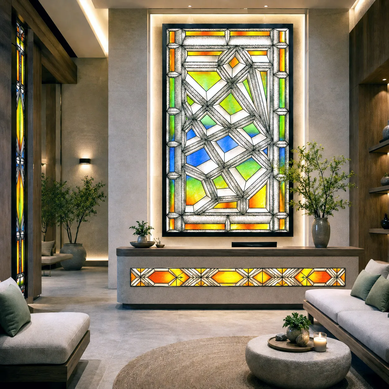 Wellness hotel lobby installation featuring the Stained Glass design system.