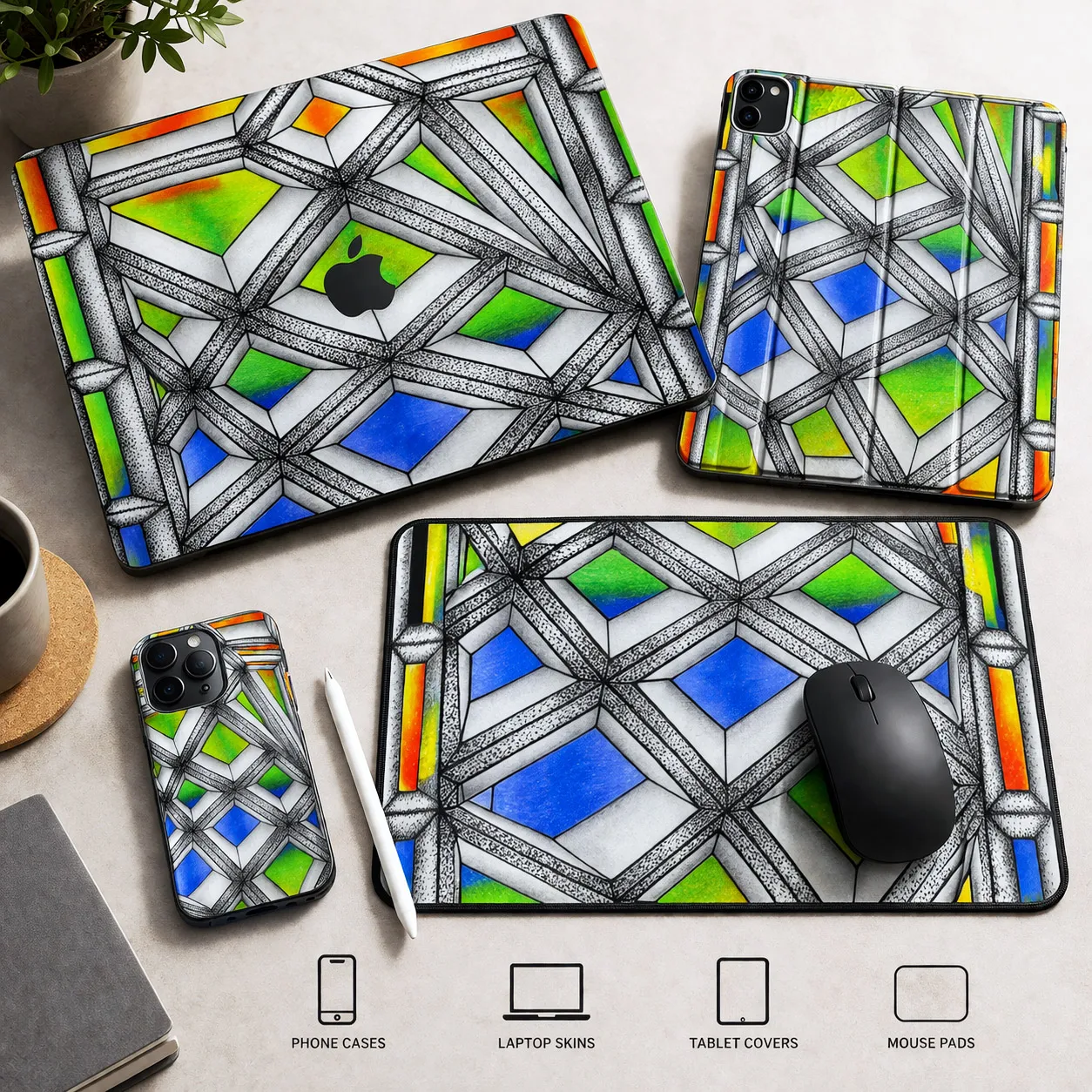 Tech accessories featuring the Stained Glass design system.