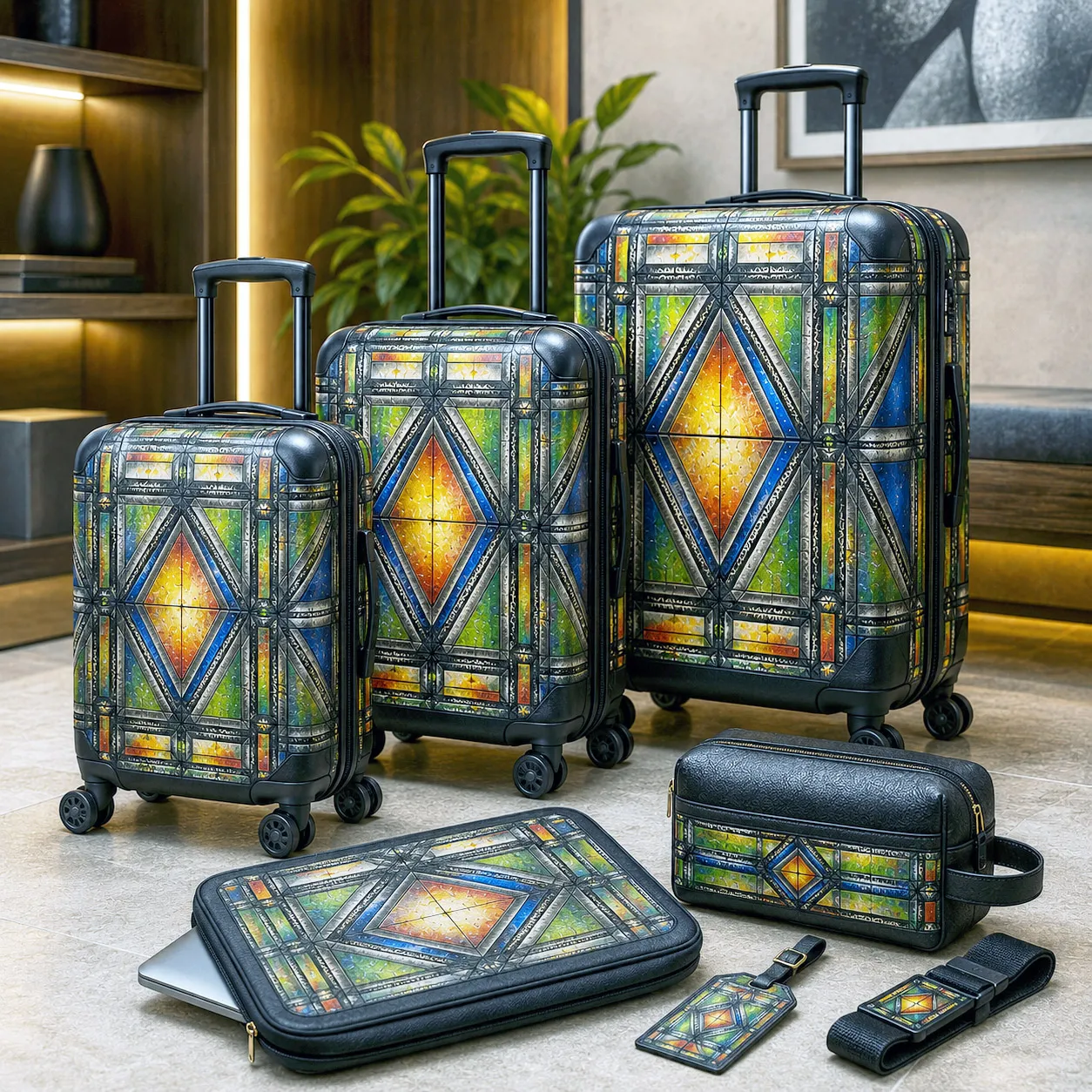 Premium luggage featuring the Stained Glass design system.