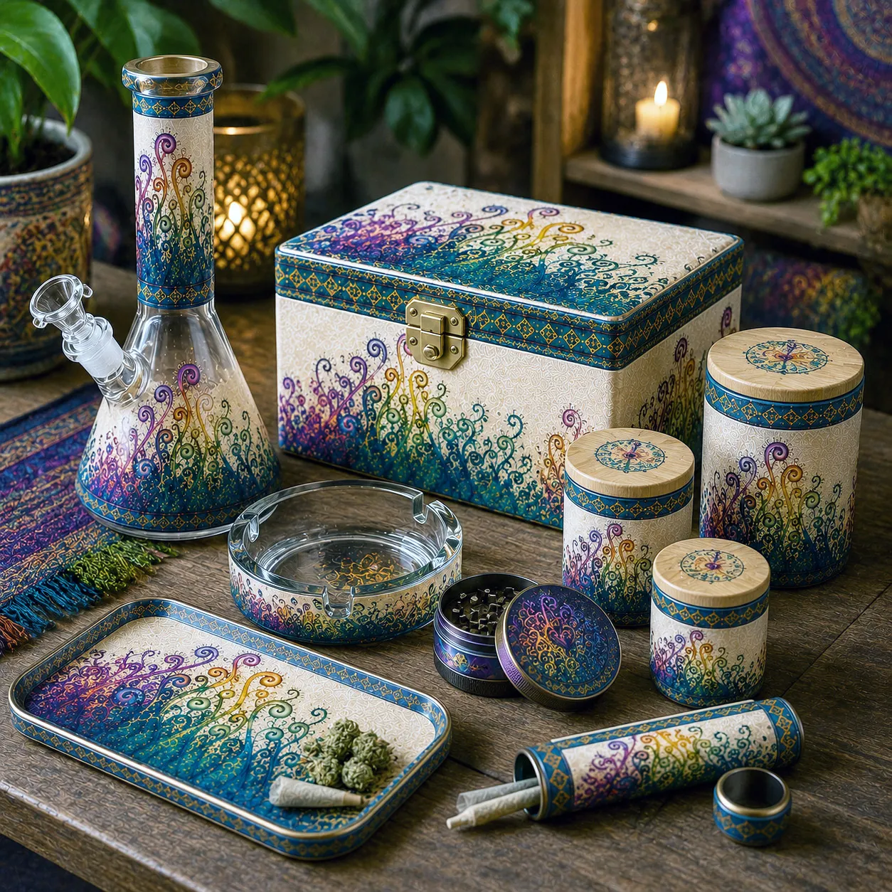 Premium cannabis accessories featuring the Creative Mind design system.