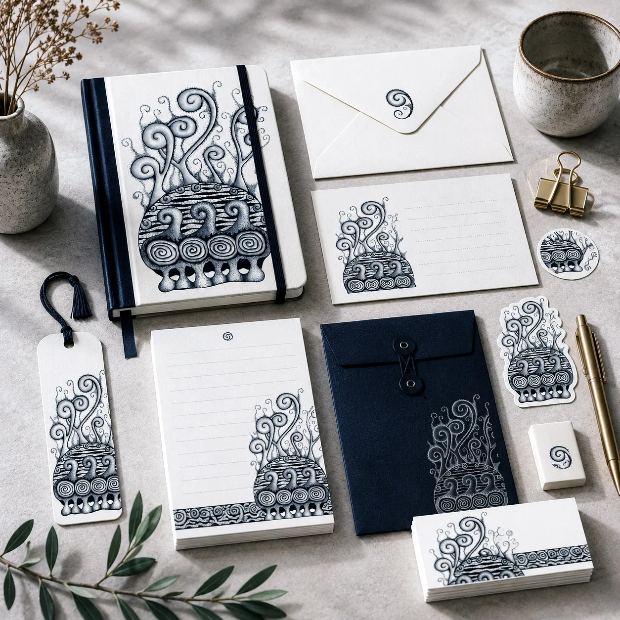 Journals and stationery featuring the Creative Mind design system.