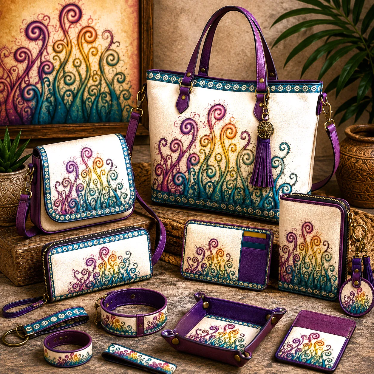 Leather goods and bags featuring the Creative Mind design system.