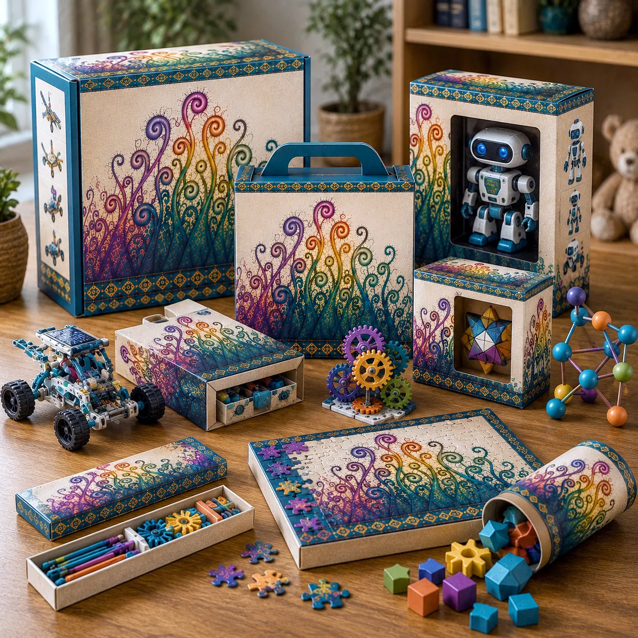 STEM and toy packaging featuring the Creative Mind design system.