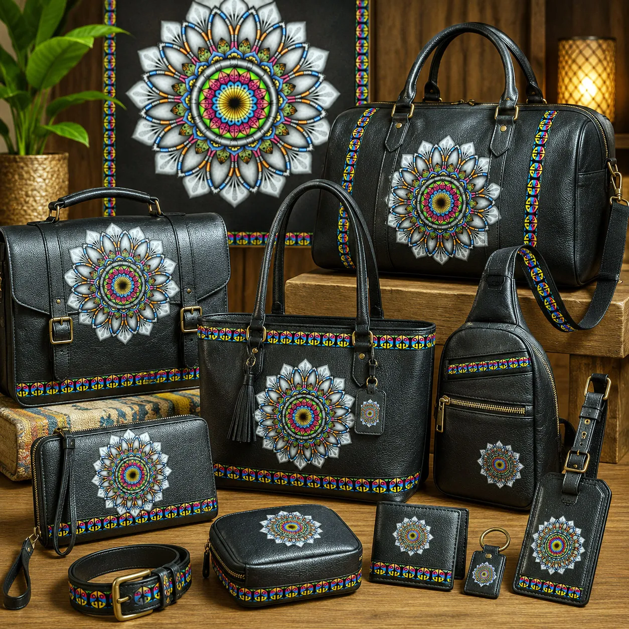 Leather goods and bags featuring the Radiance design system.