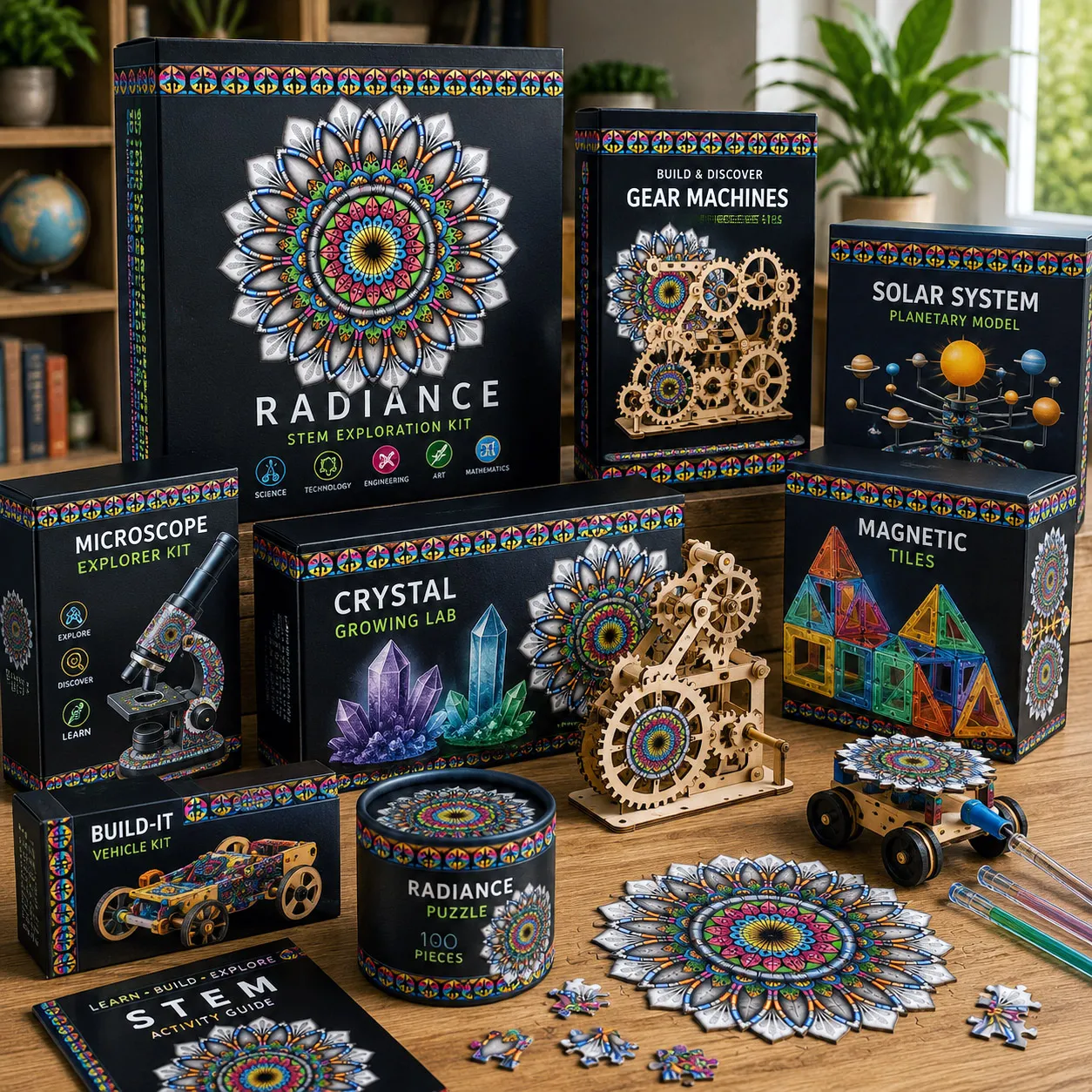 STEM and toy packaging featuring the Radiance design system.