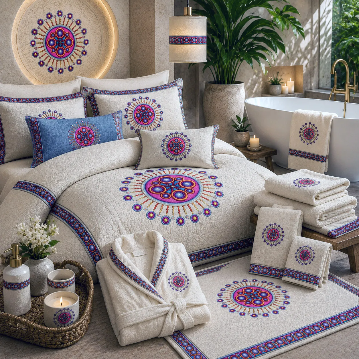 Bed and bath products featuring the Corona de Mandala design system.