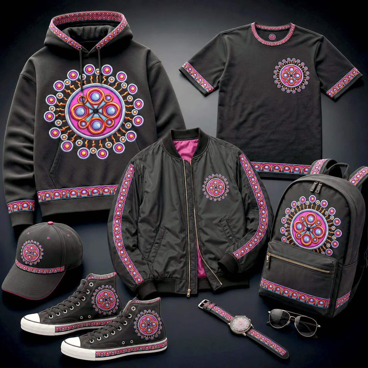 Apparel and accessories featuring the Corona de Mandala design system.