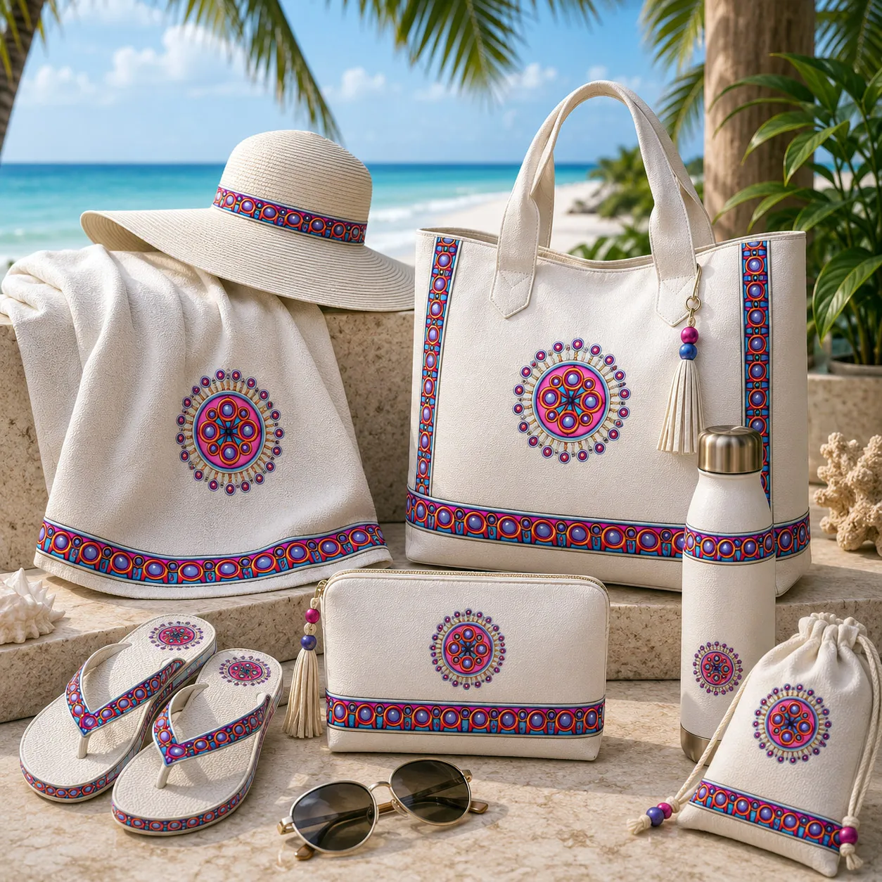 Beach and resort products featuring the Corona de Mandala design system.