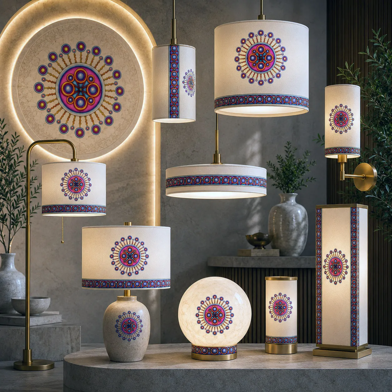 Contemporary lighting featuring the Corona de Mandala design system.