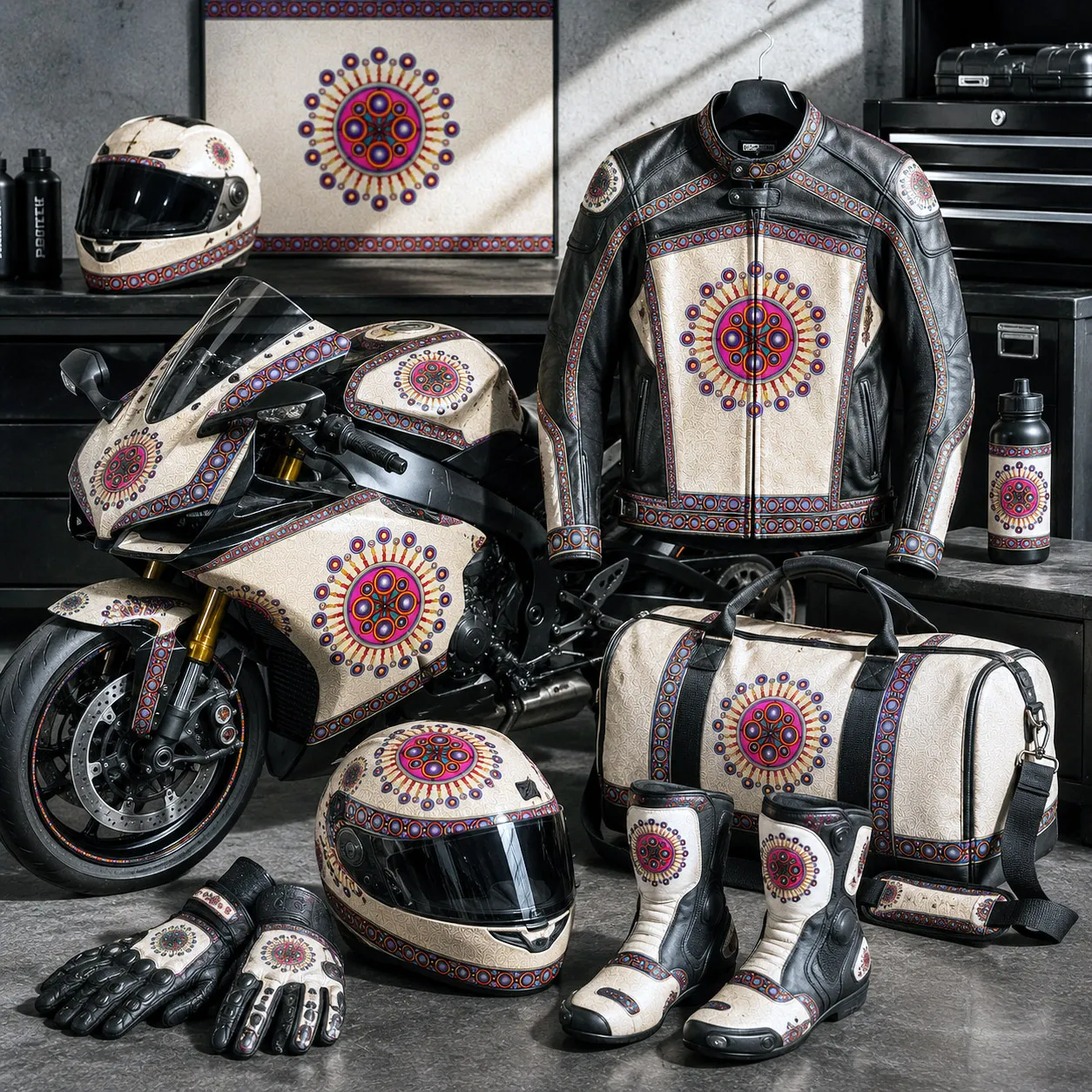 Motorsports collection featuring the Corona de Mandala design system.