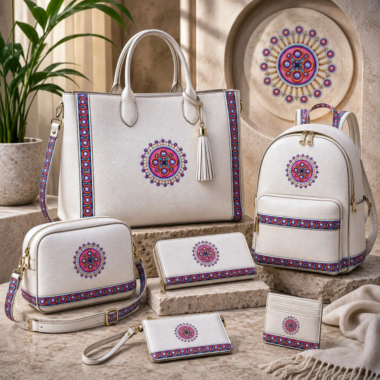 Leather goods and bags featuring the Corona de Mandala design system.