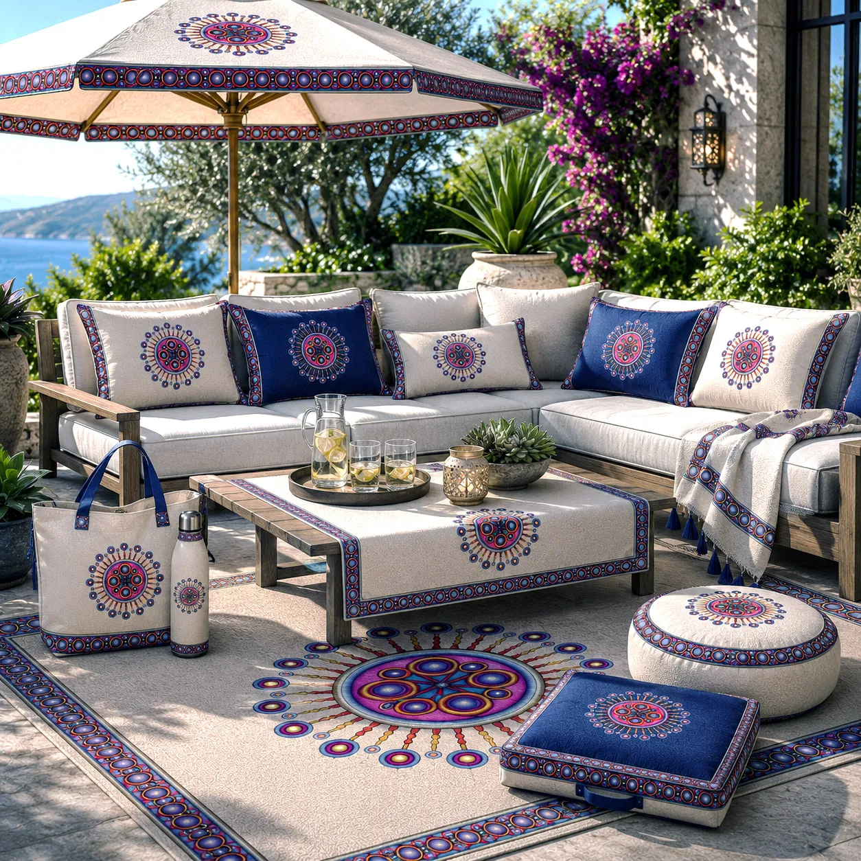 Outdoor living products featuring the Corona de Mandala design system.