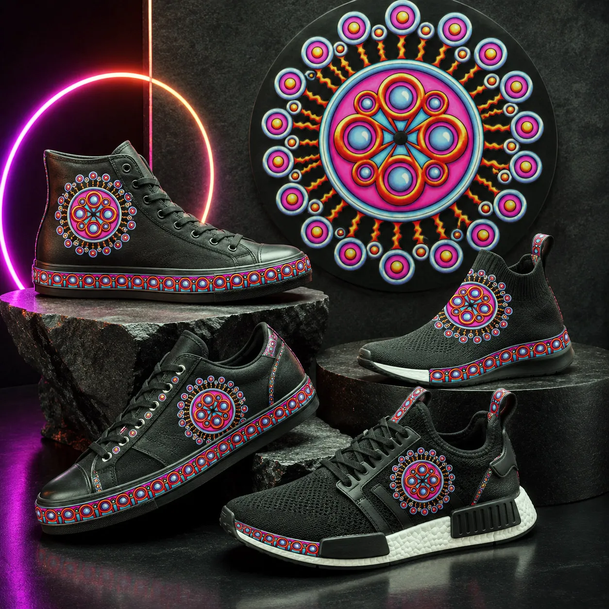 Premium footwear featuring the Corona de Mandala design system.