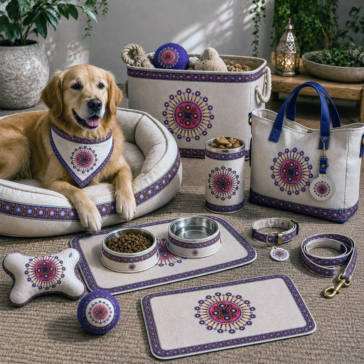 Pet accessories featuring the Corona de Mandala design system.