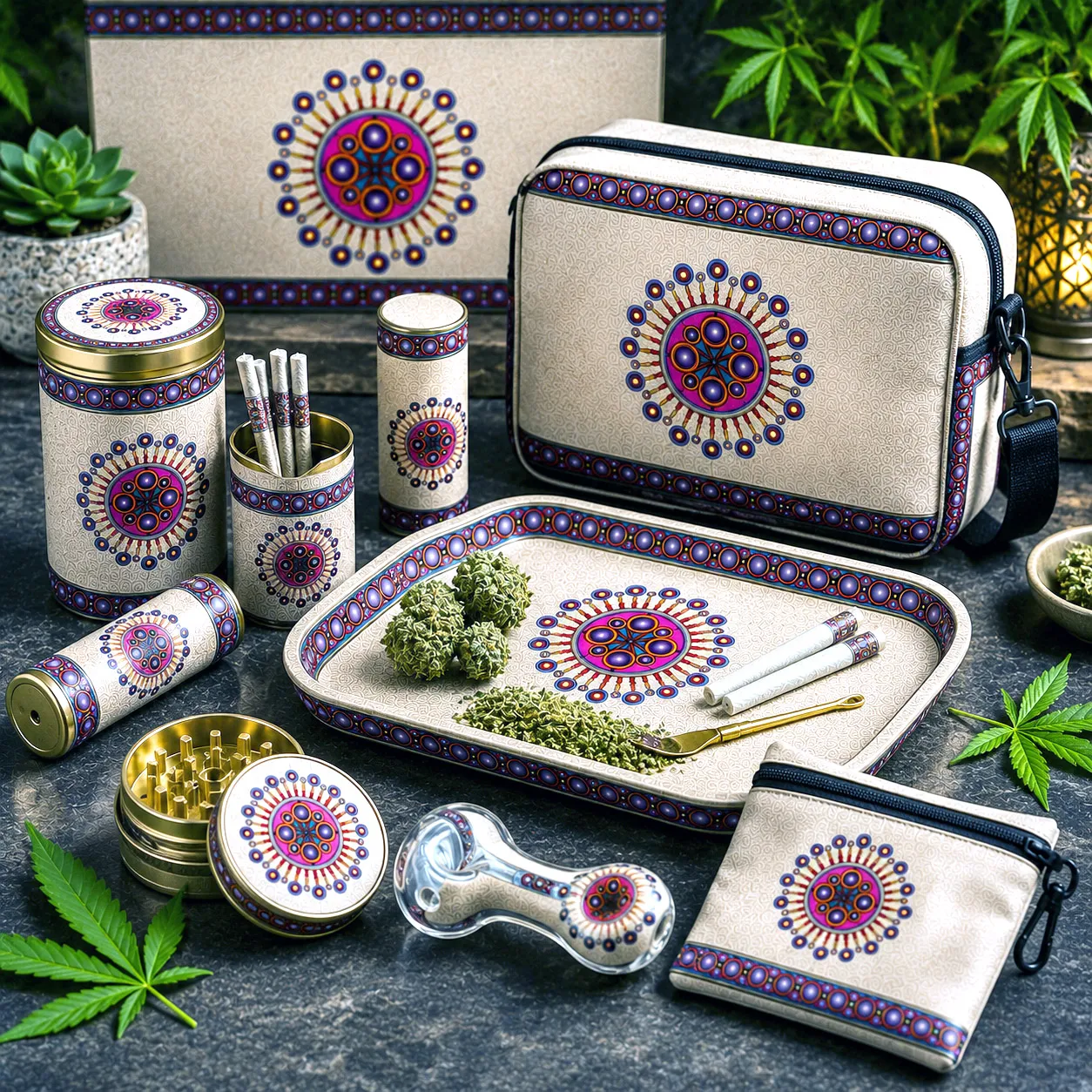 Premium cannabis accessories featuring the Corona de Mandala design system.