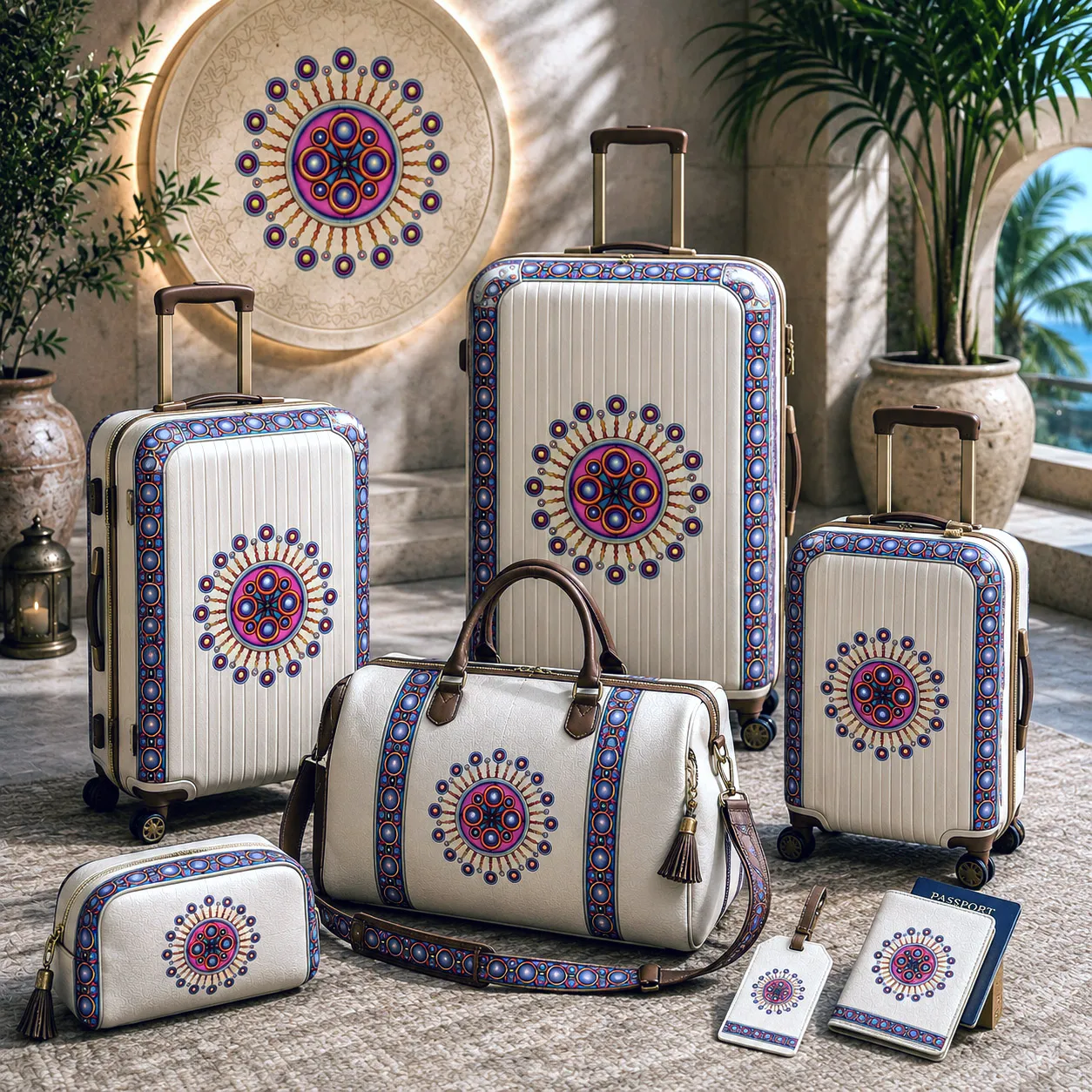 Premium luggage featuring the Corona de Mandala design system.