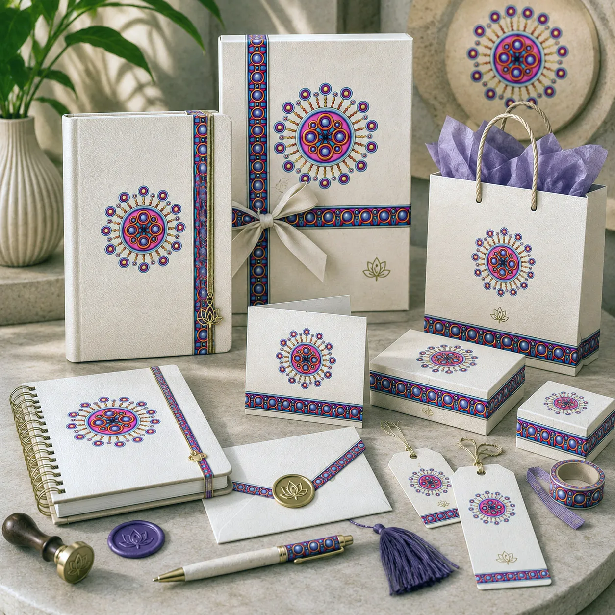 Stationery, journals, and gift packaging featuring the Corona de Mandala design system.