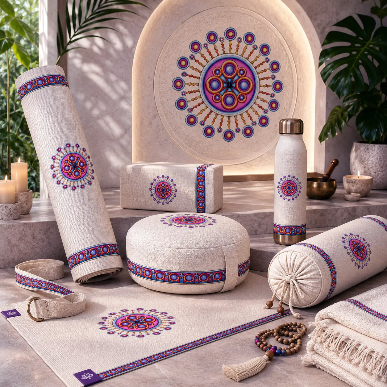 Yoga, meditation, and wellness products featuring the Corona de Mandala design system.