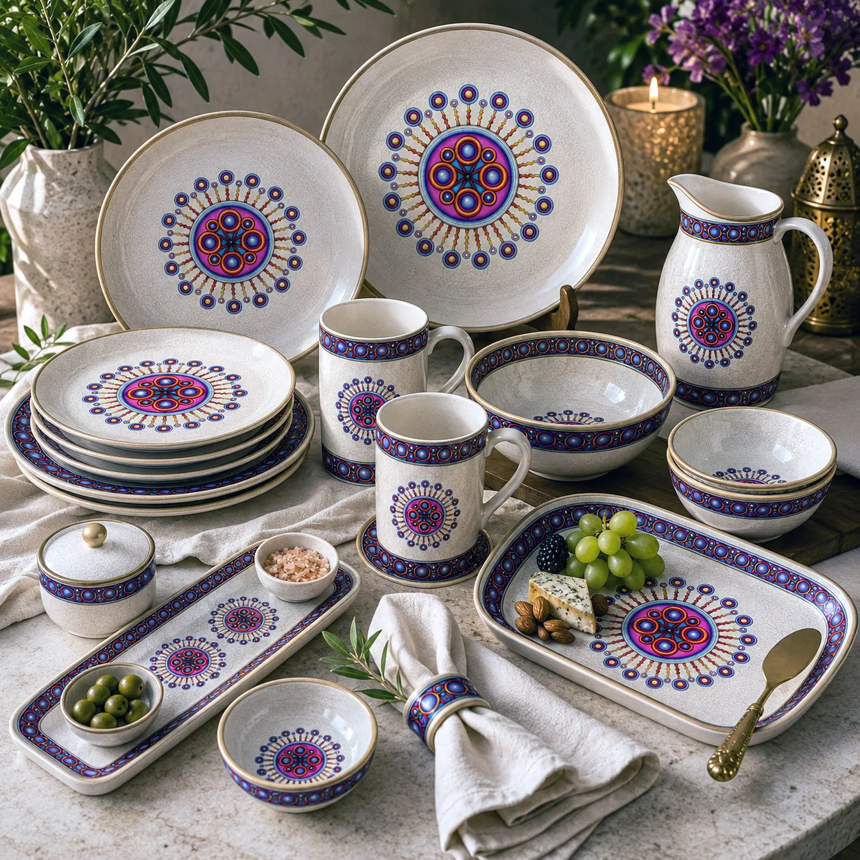 Tableware and entertaining products featuring the Corona de Mandala design system.