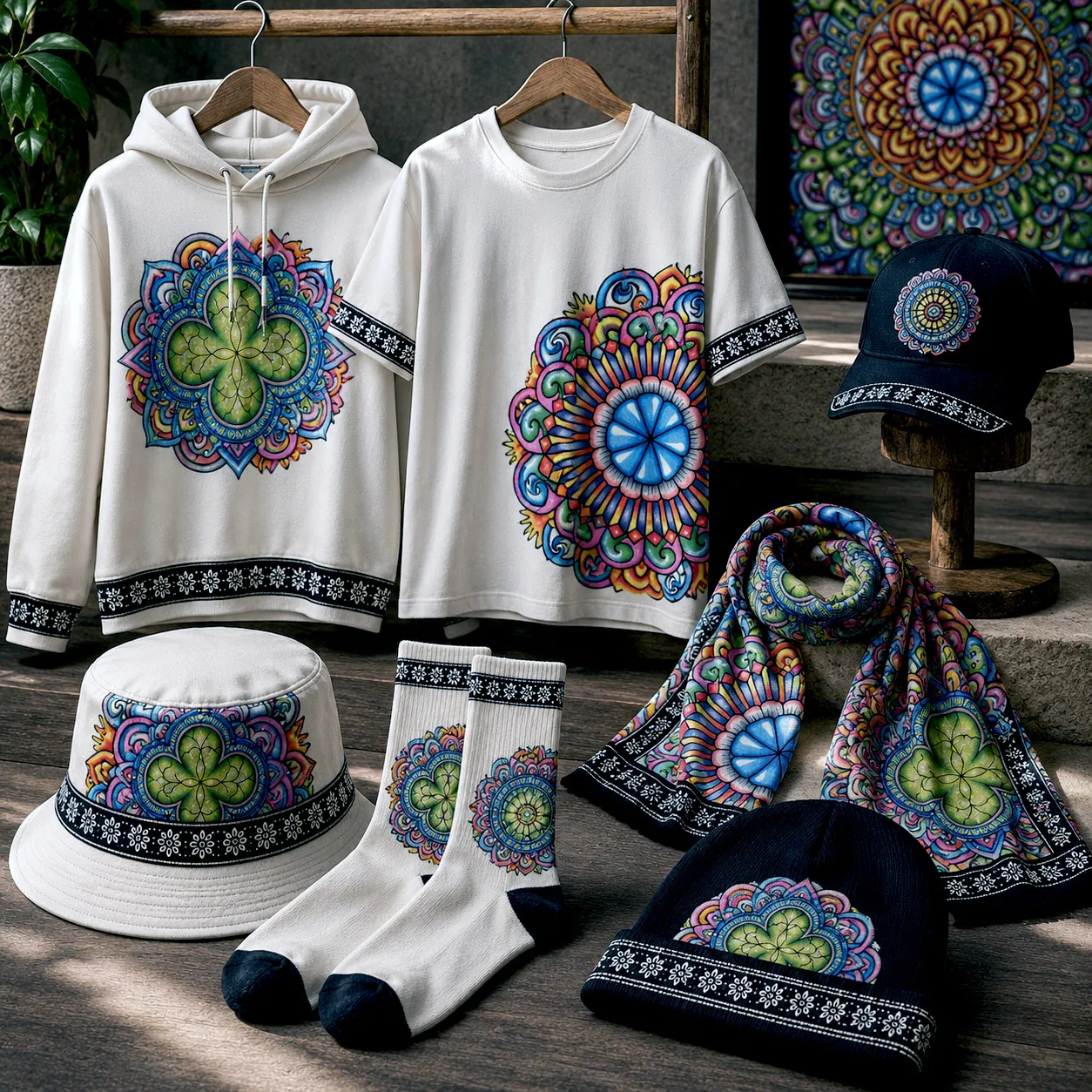 Apparel and accessories featuring Mandala Collage 7.