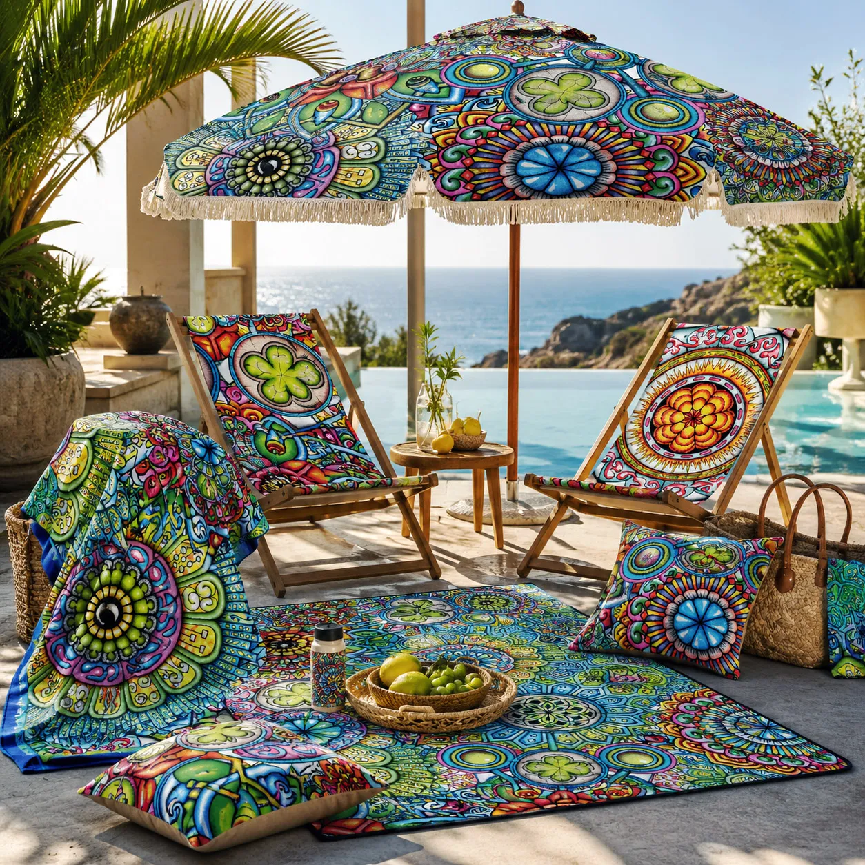Beach and outdoor products featuring Mandala Collage 7.