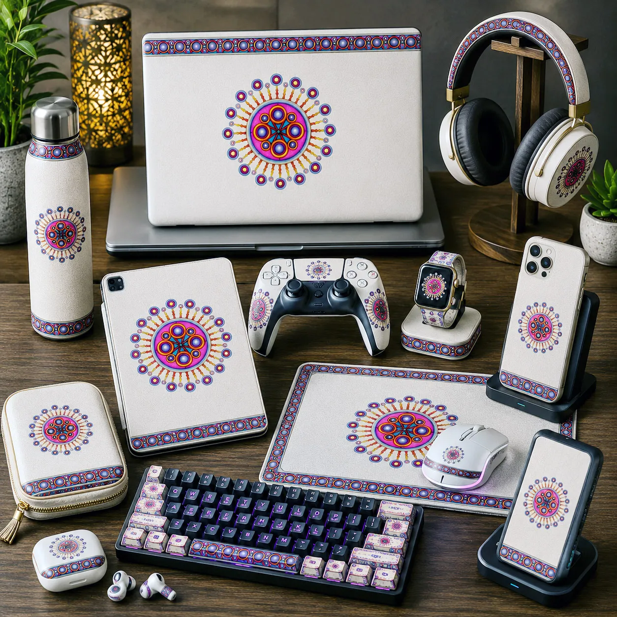 Tech, gaming, and personal accessories featuring the Corona de Mandala design system.