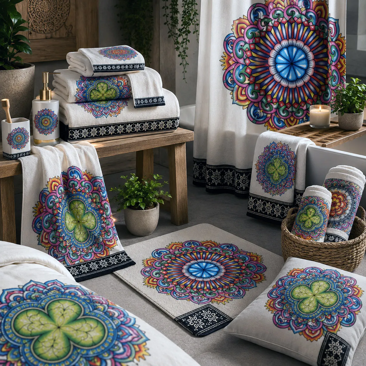 Bed and bath products featuring Mandala Collage 7.
