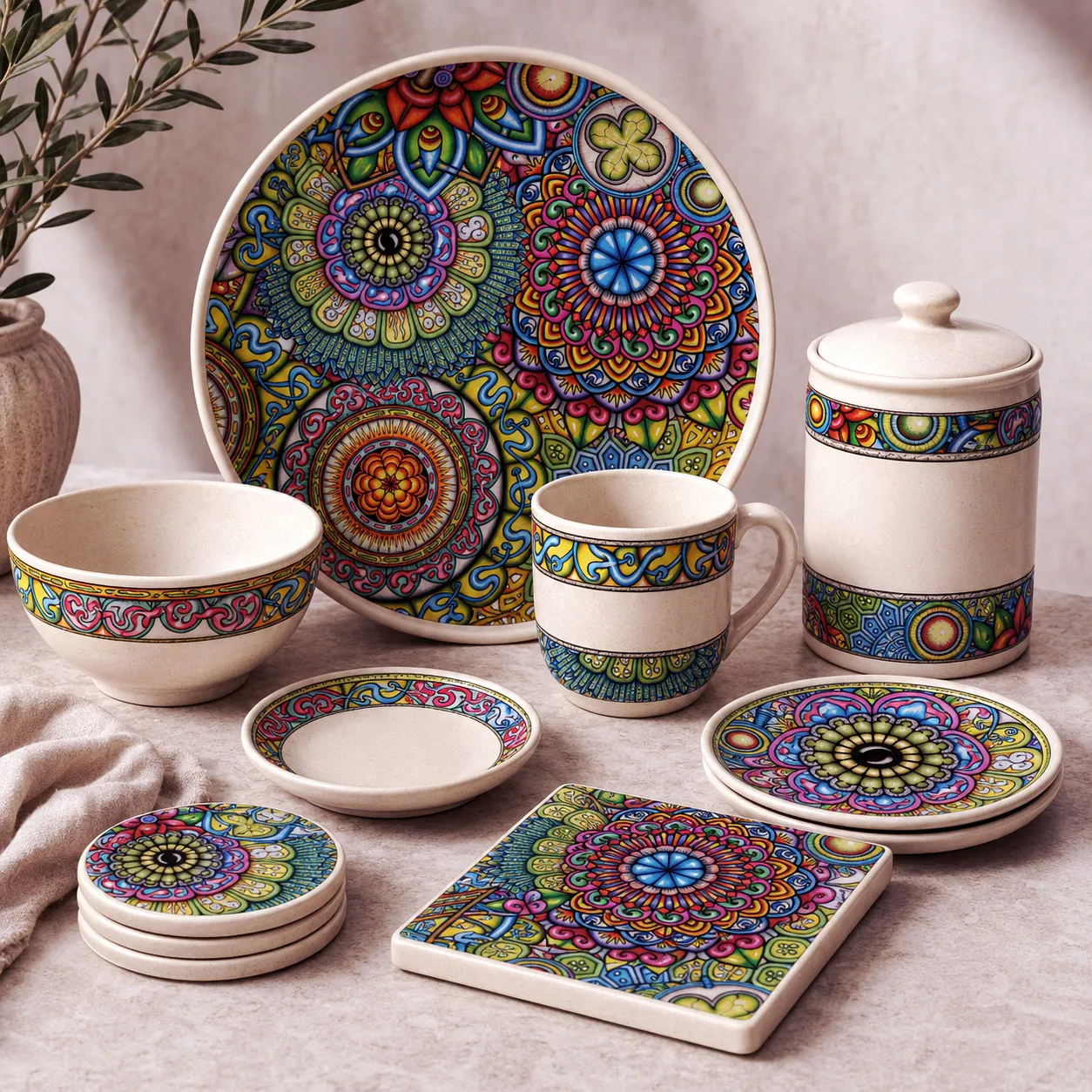 Ceramic tableware featuring Mandala Collage 7.