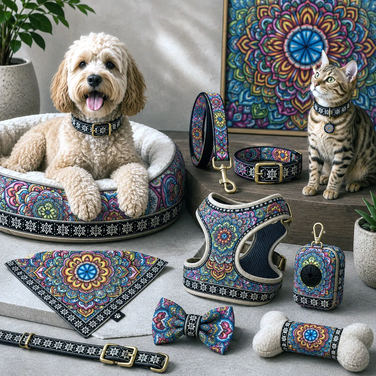 Pet accessories featuring Mandala Collage 7.
