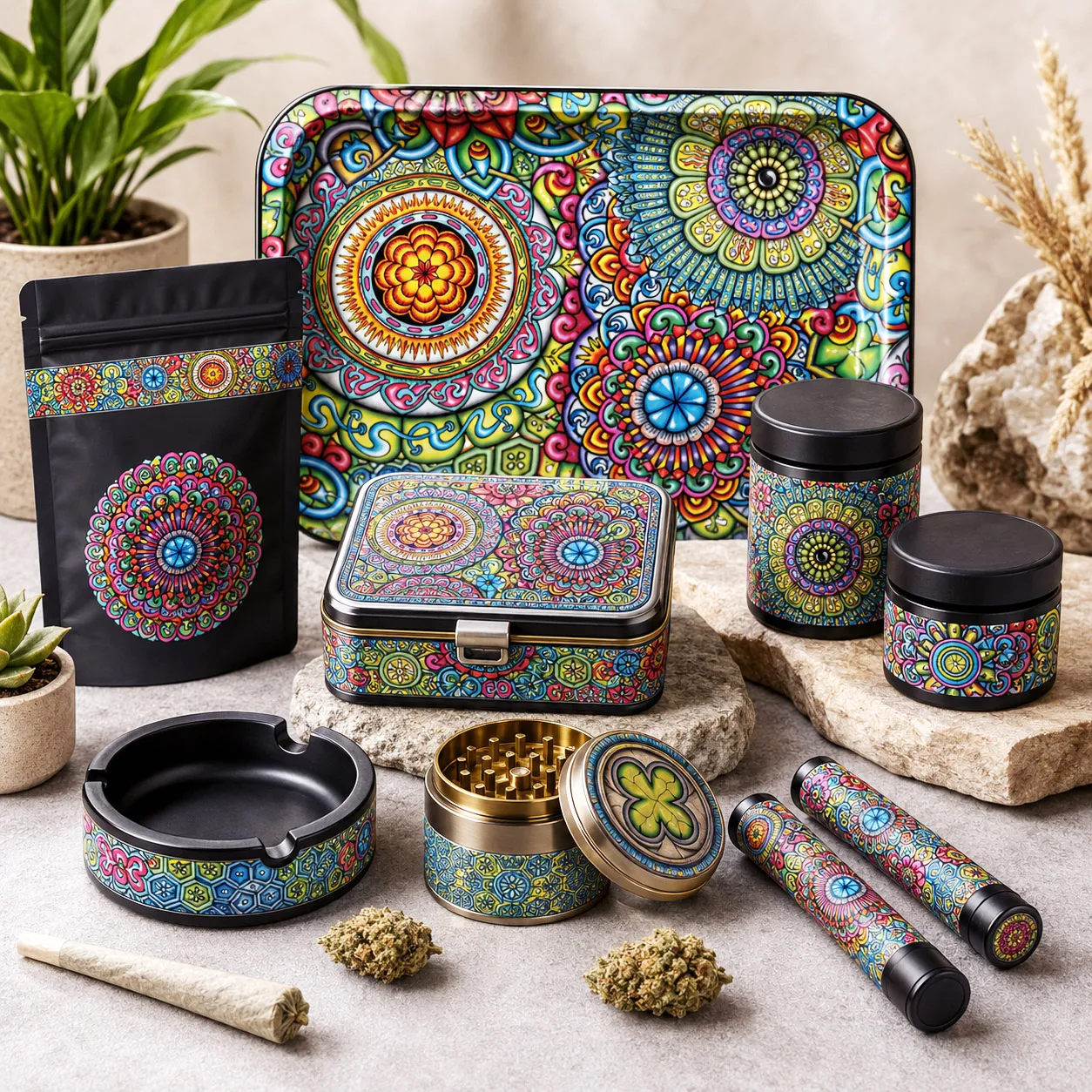 Premium cannabis accessories featuring Mandala Collage 7.
