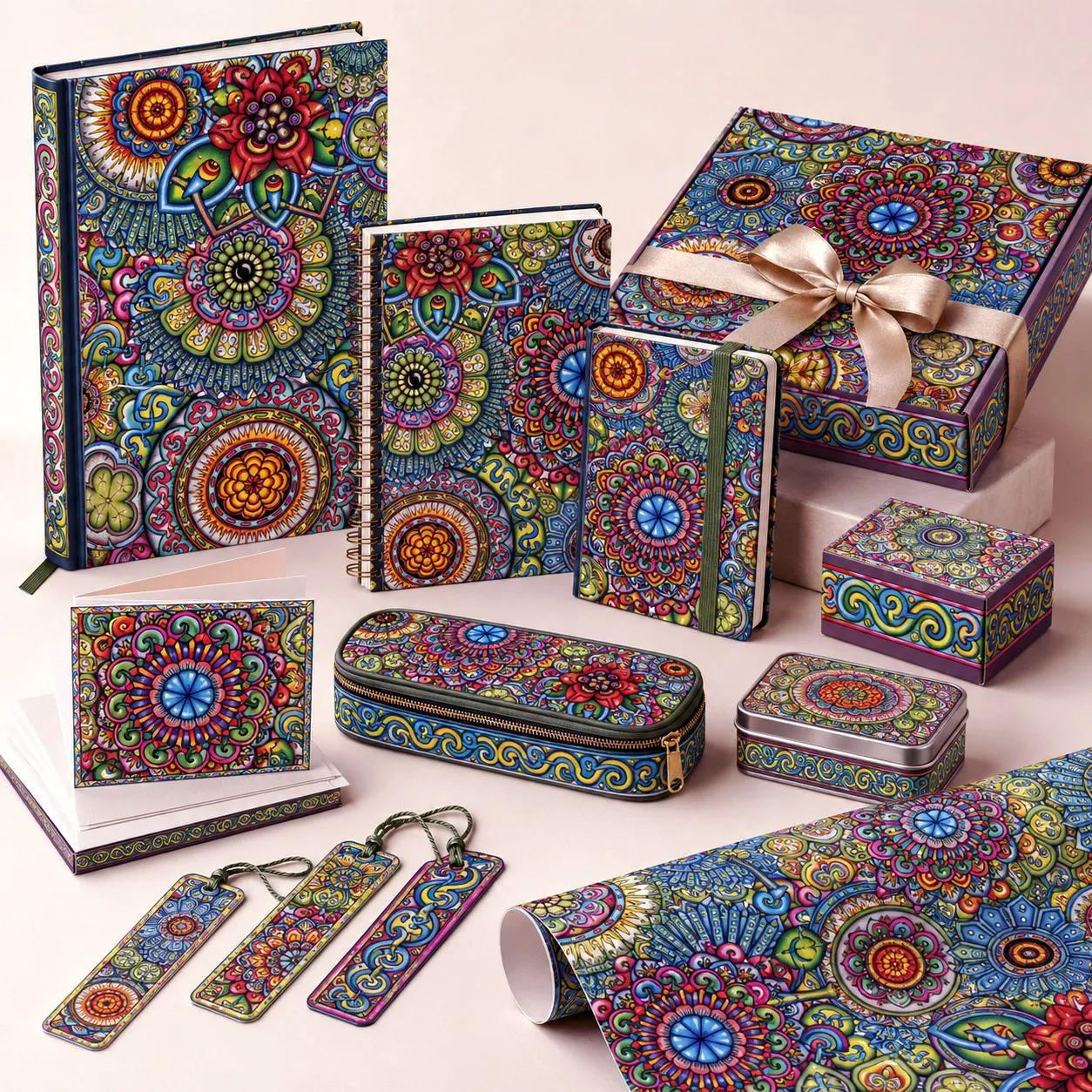 Premium stationery, journals, and gift packaging featuring Mandala Collage 7.