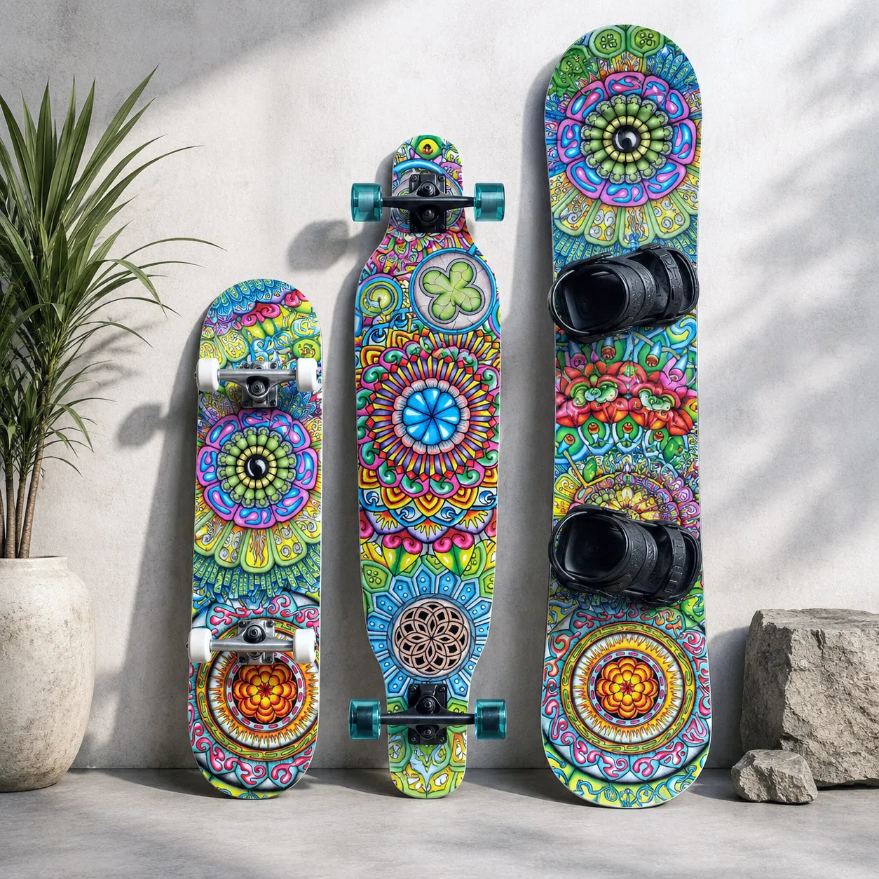 Skateboard, longboard, and snowboard collection featuring Mandala Collage 7.
