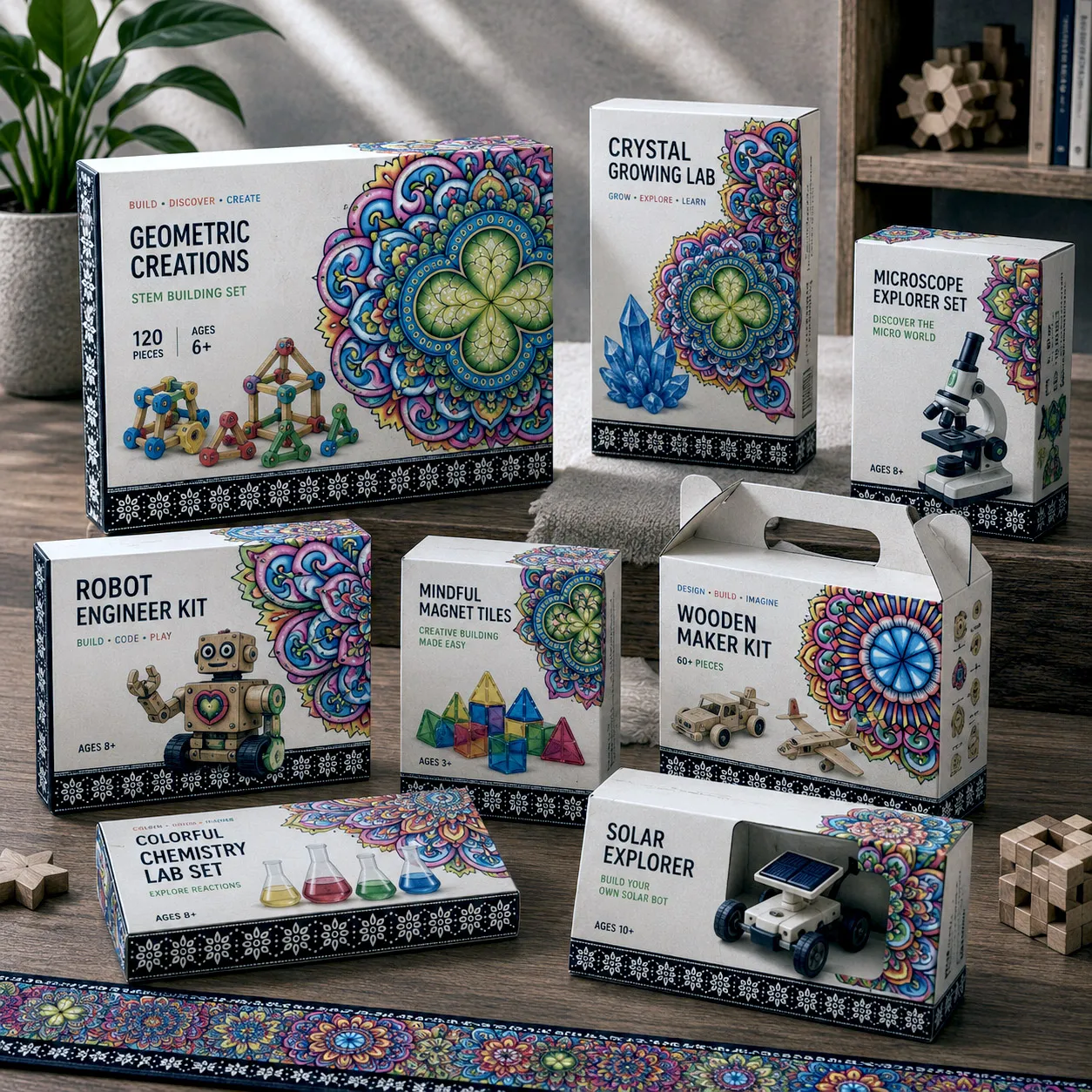 STEM and toy packaging featuring Mandala Collage 7.