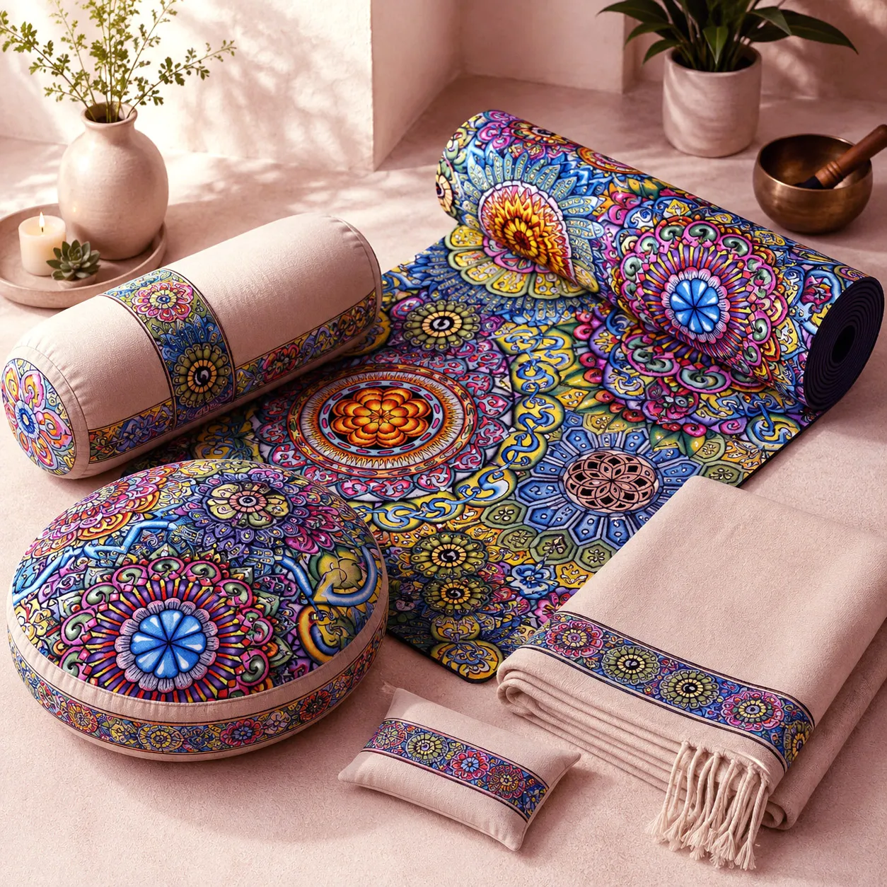 Yoga and meditation products featuring Mandala Collage 7.