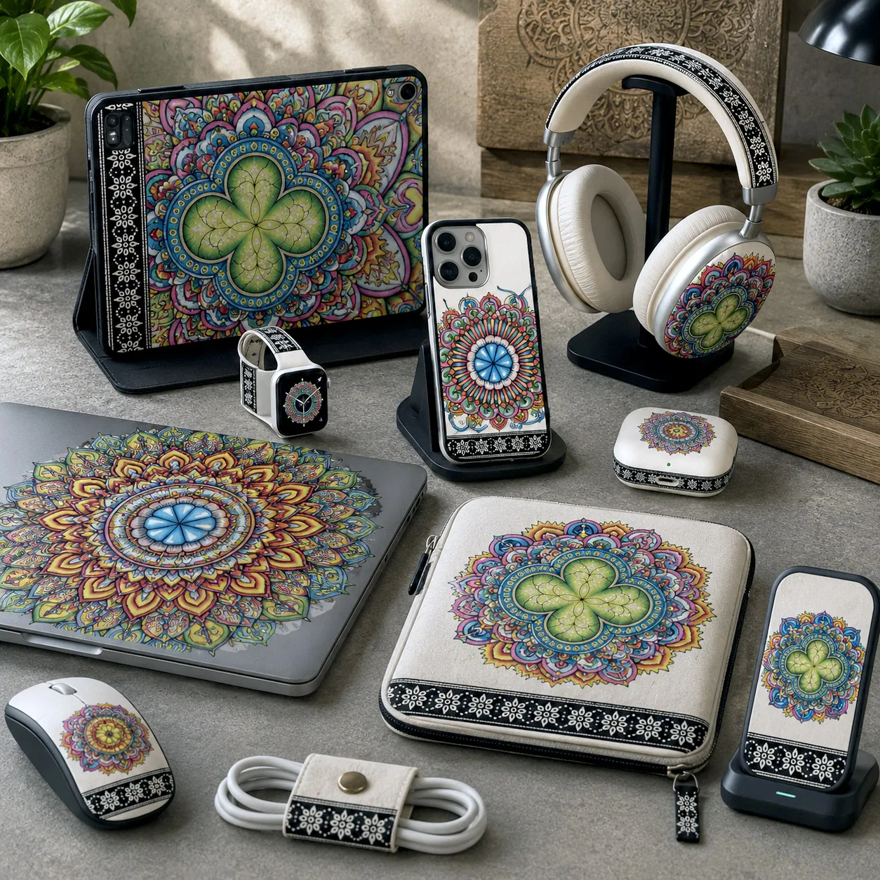 Tech, gaming, and personal accessories featuring Mandala Collage 7.