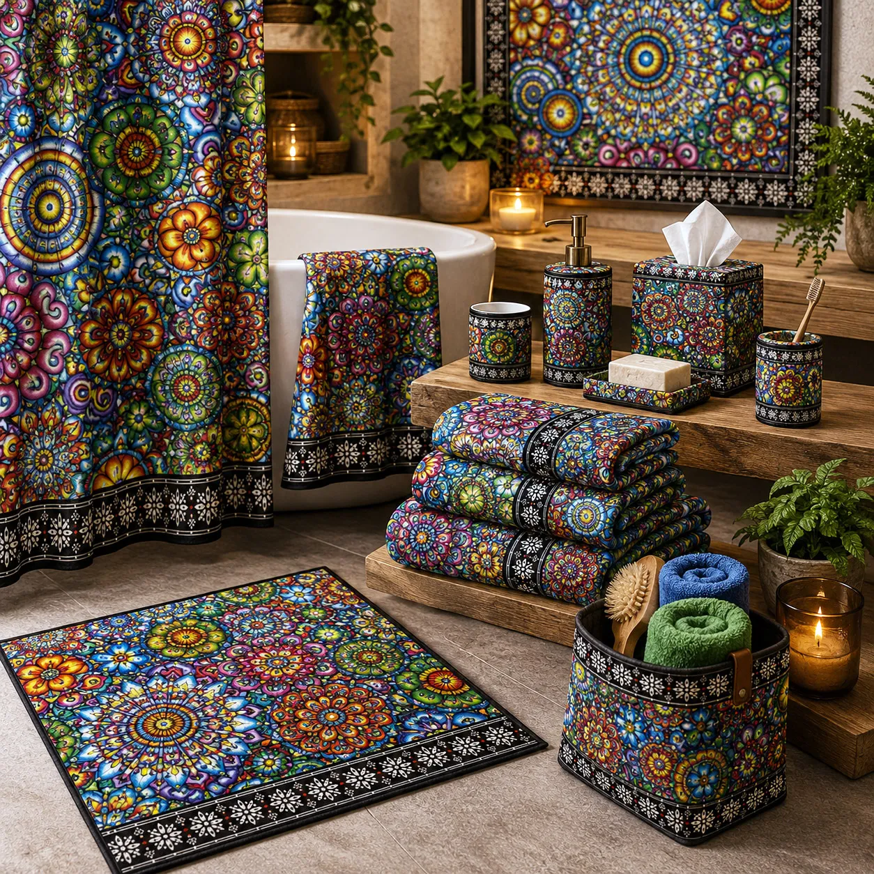Bed and bath products featuring Mandala Collage 6.