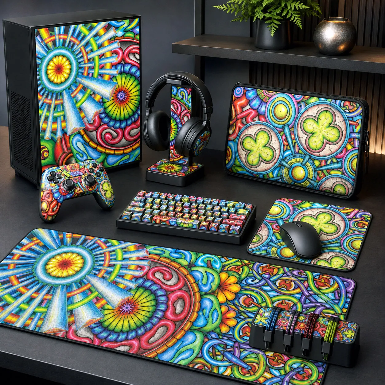 Gaming and desktop accessories featuring Mandala Collage 6.