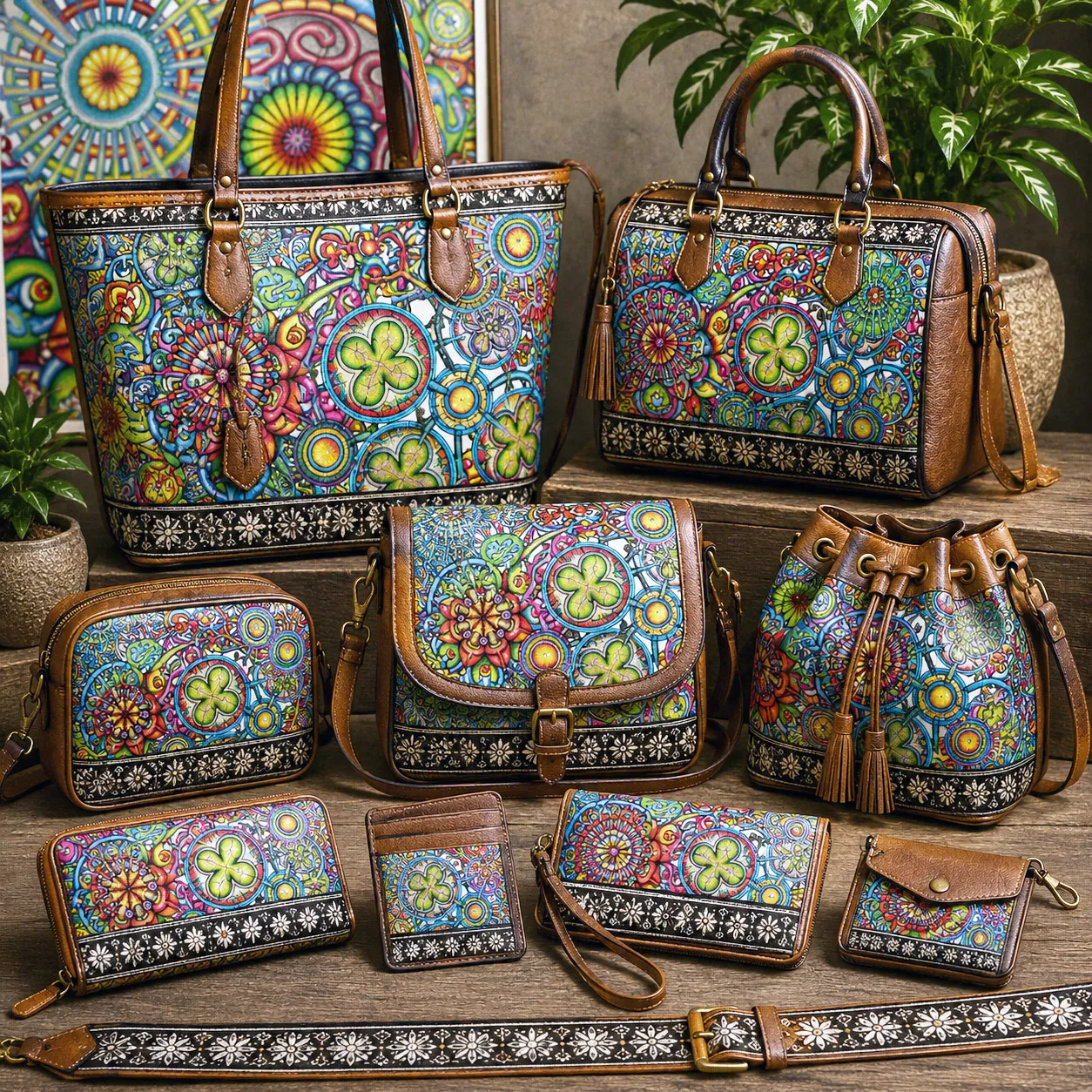 Leather goods and bags featuring Mandala Collage 6.