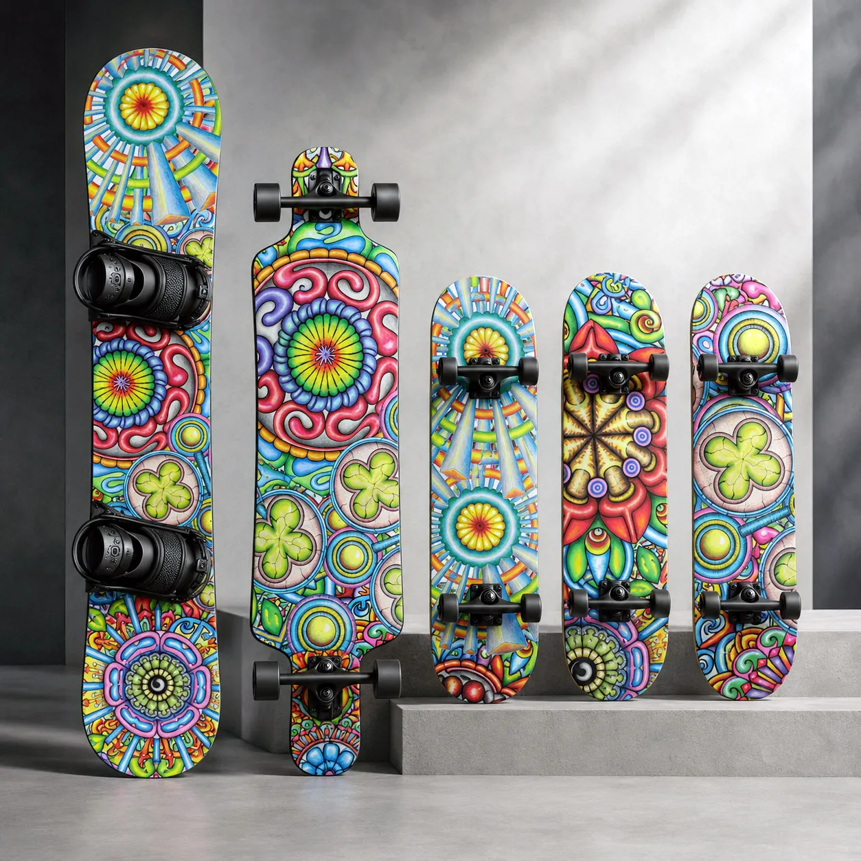 Skateboard, longboard, and snowboard collection featuring Mandala Collage 6.