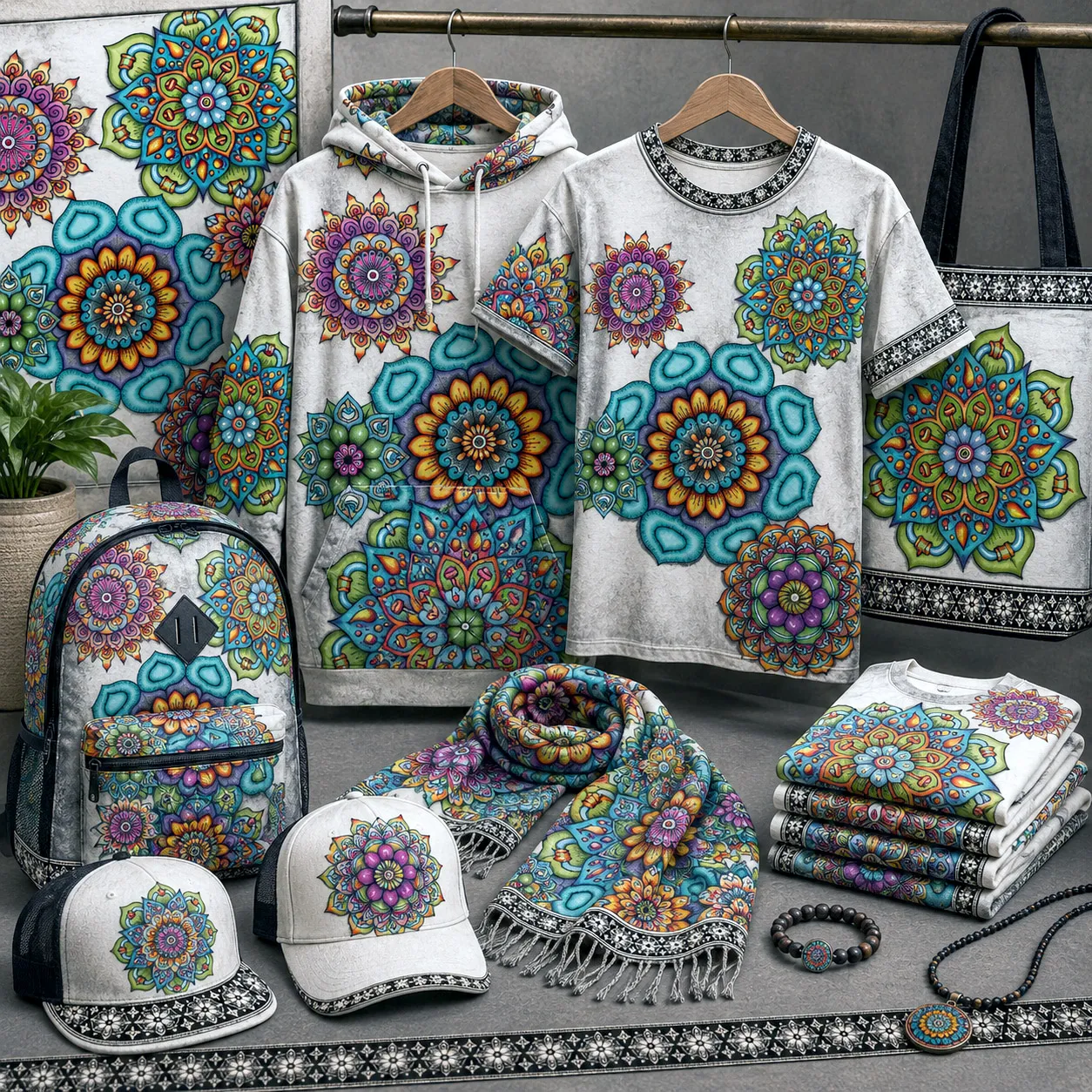 Apparel and accessories featuring Mandala Collage 4.