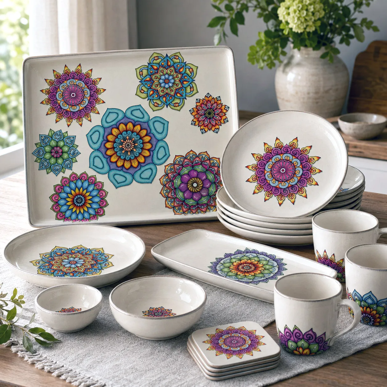 Ceramic tableware and serving pieces featuring Mandala Collage 4.