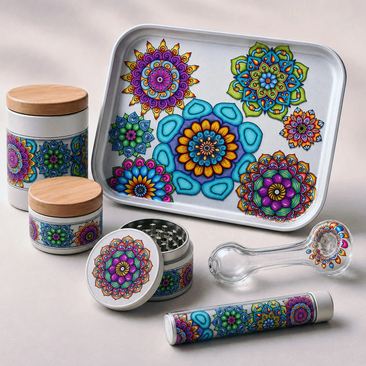 Premium cannabis accessories featuring Mandala Collage 4.