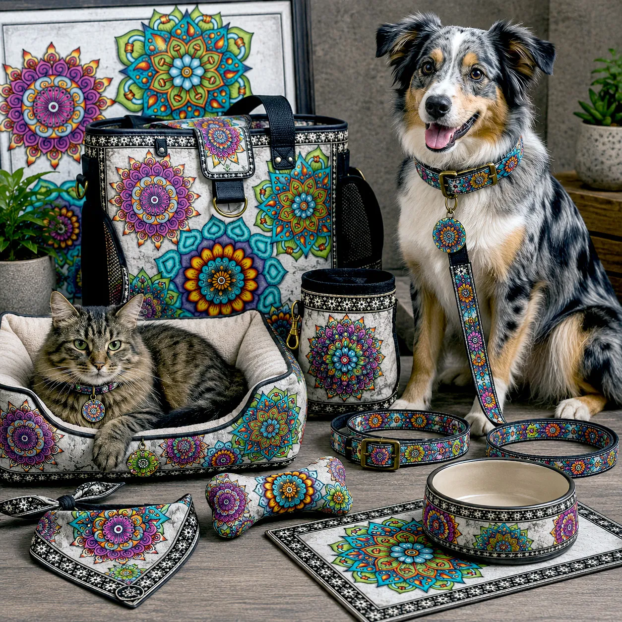 Pet accessories featuring Mandala Collage 4.