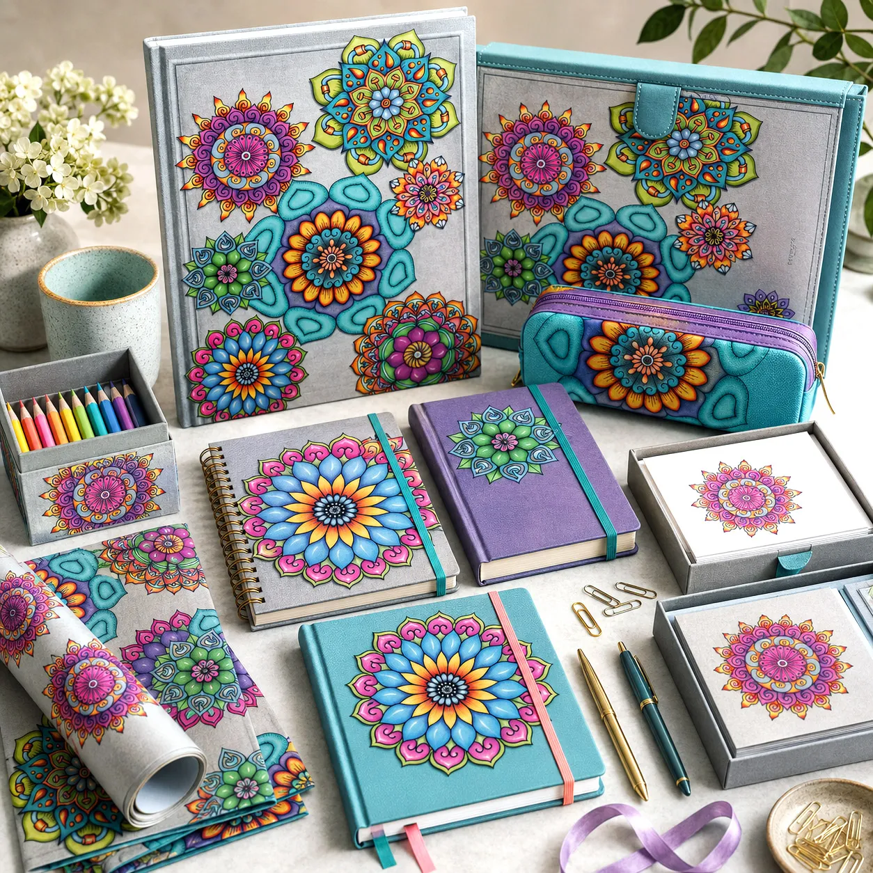 Premium stationery and journals featuring Mandala Collage 4.