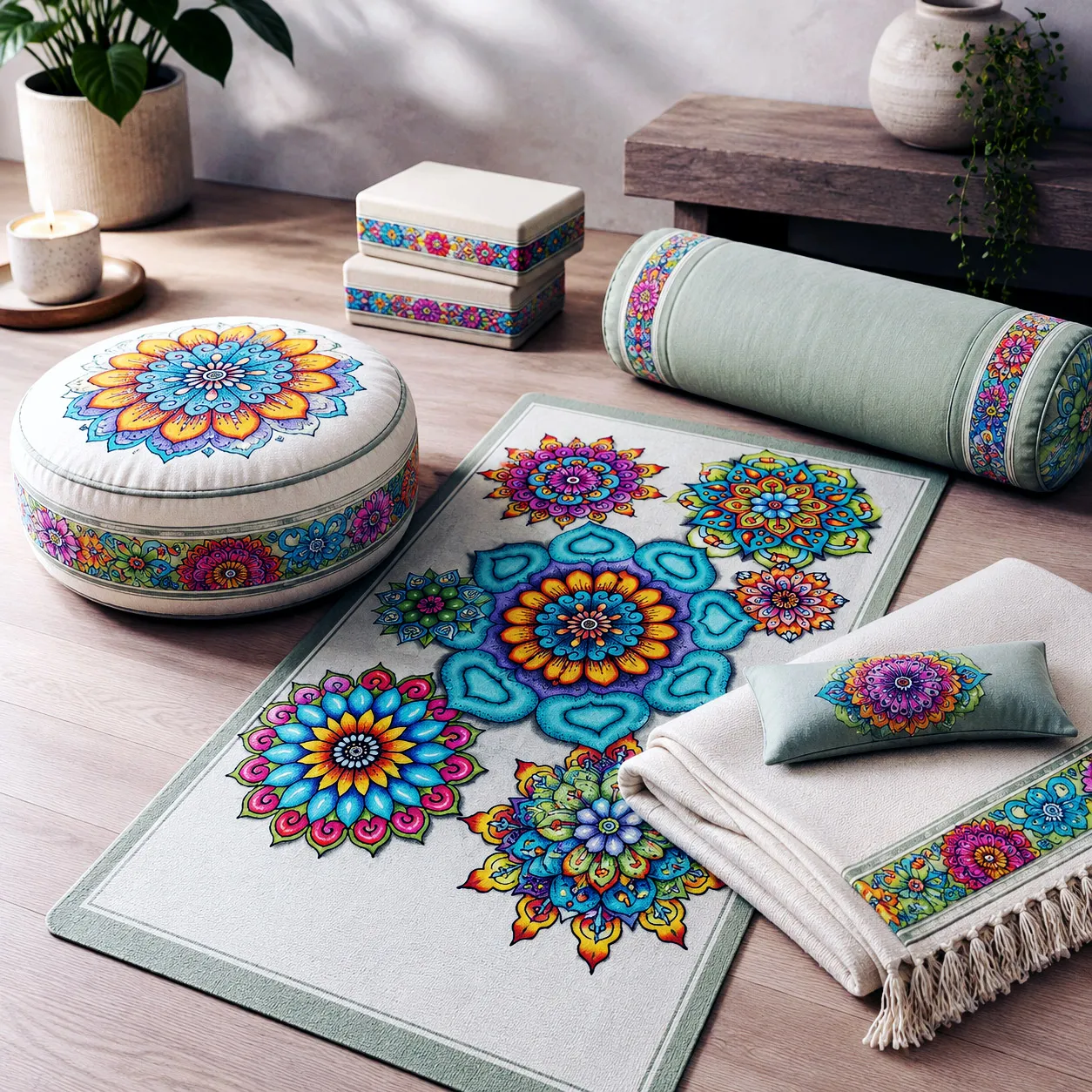 Yoga and meditation products featuring Mandala Collage 4.