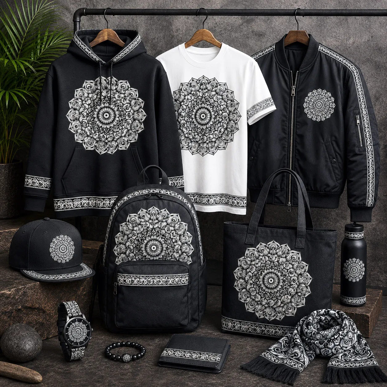 Apparel and accessories featuring the Interconnection design system.