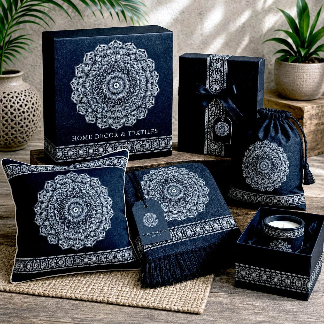 Home decor and textiles featuring the Interconnection design system.