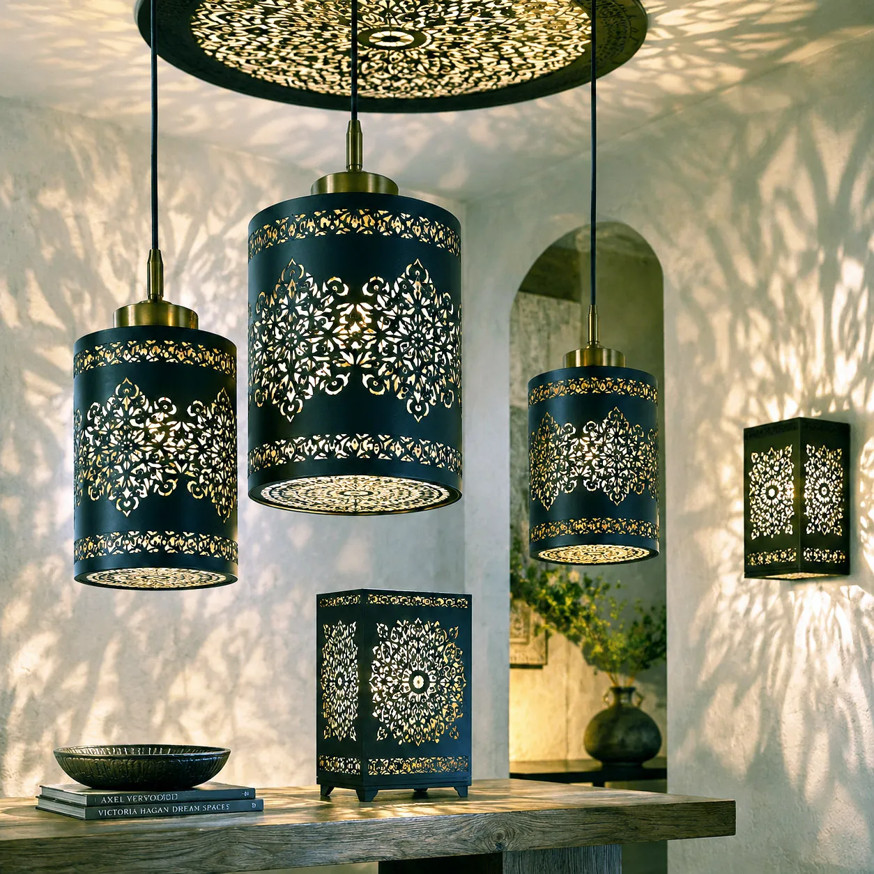 Pendant lights and lanterns featuring the Interconnection design system.