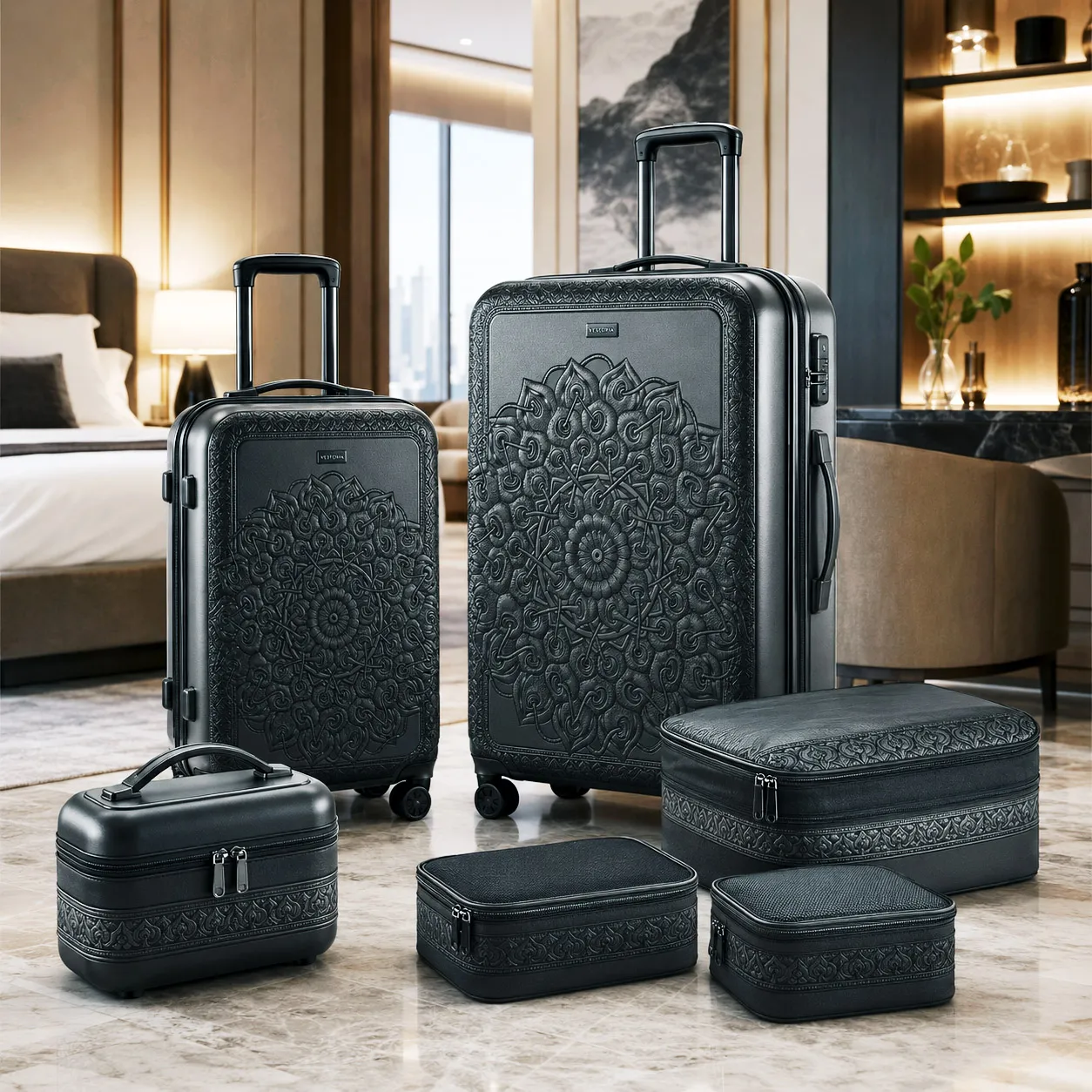 Premium luggage featuring the Interconnection design system.